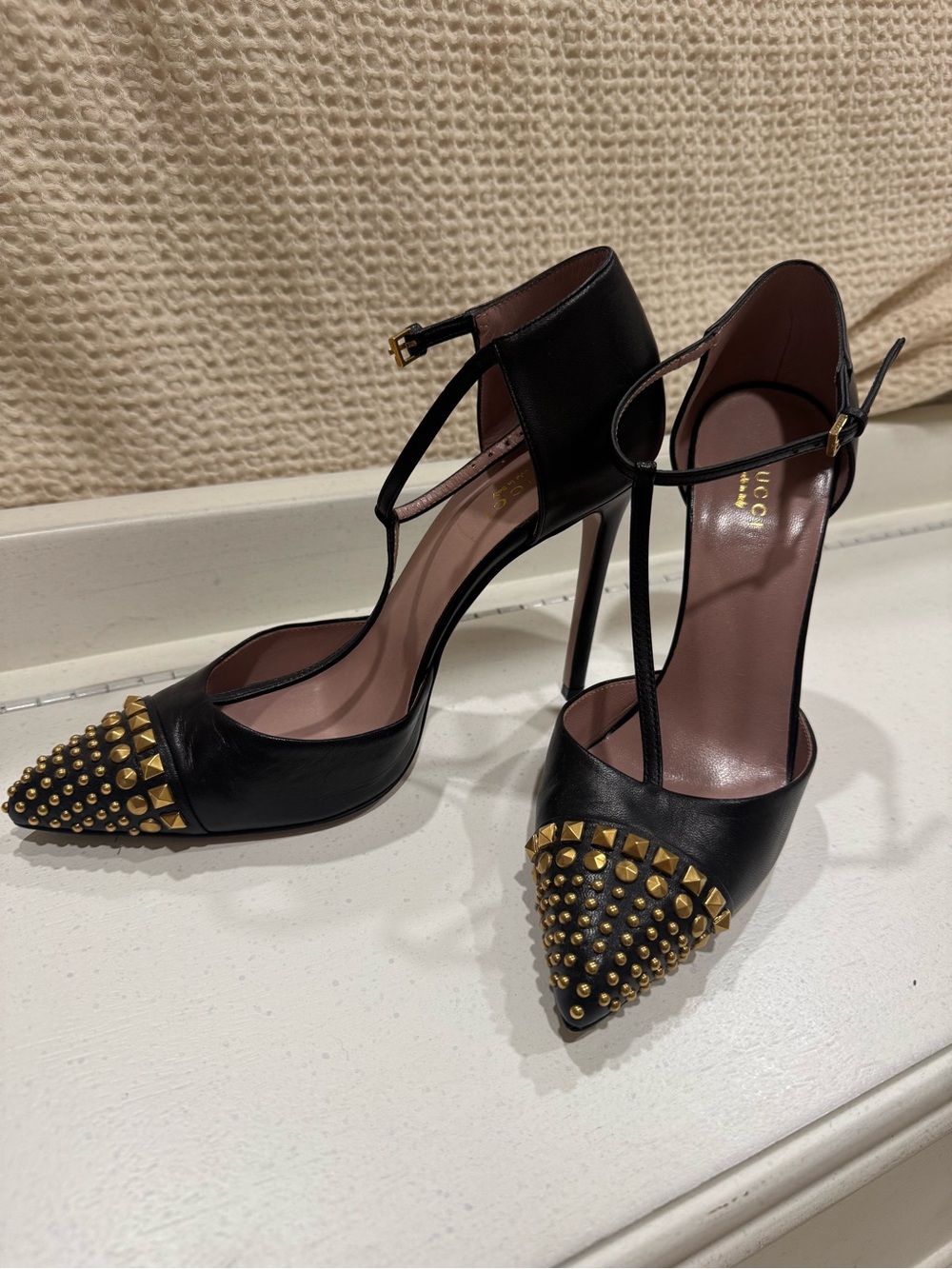 Gucci Black Leather Pointed Studded T-Strap Heels with Gold Accents